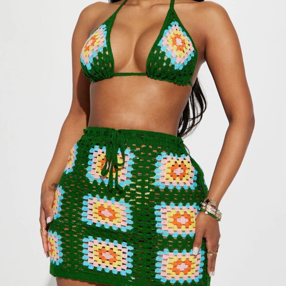 She's Amazing Crochet Skirt Set - Green/combo
